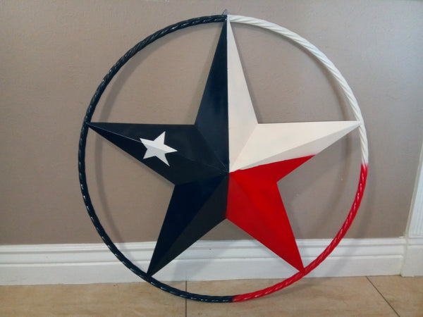 48" TEXAS FLAG BARN LONE STAR WITH LARGE TWISTED ROPE RING METAL VINTAGE RUSTIC ART