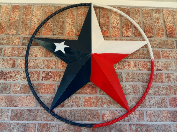48" TEXAS FLAG BARN LONE STAR WITH LARGE TWISTED ROPE RING METAL VINTAGE RUSTIC ART