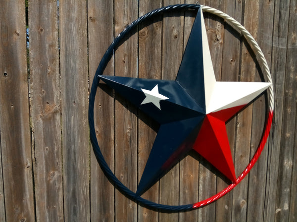 48" TEXAS FLAG BARN LONE STAR WITH LARGE TWISTED ROPE RING METAL VINTAGE RUSTIC ART