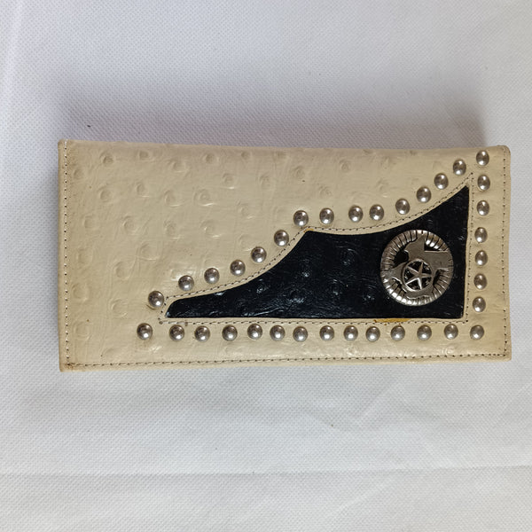 ITEM#EH12123 WHITE STATE OF TEXAS LONE STAR GENUINE LEATHER WALLET CHECKBOOK MENS WALLETS-
