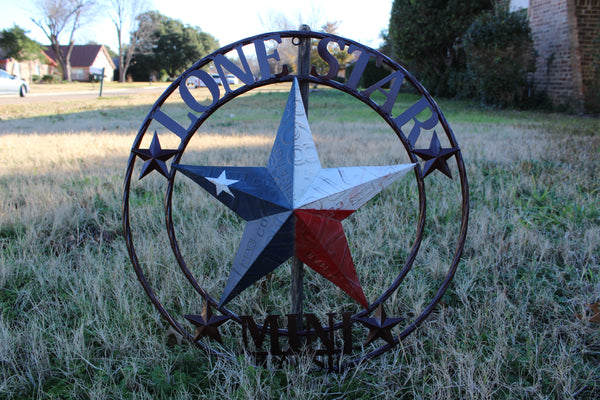 CUSTOM STAR NAME RED WHITE BLUE LONE STAR MINI CUSTOM 3d STAR METAL NAME BARN STAR WITH TWISTED ROPE RING DESIGN METAL WALL ART WESTERN HOME DECOR VINTAGE RUSTIC RED WHITE BLUE NEW HANDMADE