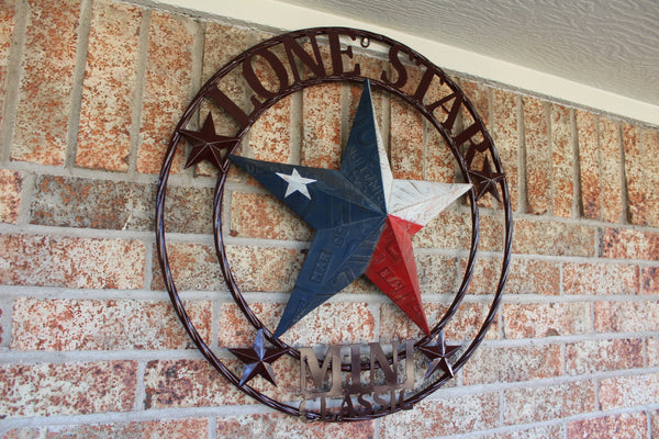 CUSTOM STAR NAME RED WHITE BLUE LONE STAR MINI CUSTOM 3d STAR METAL NAME BARN STAR WITH TWISTED ROPE RING DESIGN METAL WALL ART WESTERN HOME DECOR VINTAGE RUSTIC RED WHITE BLUE NEW HANDMADE