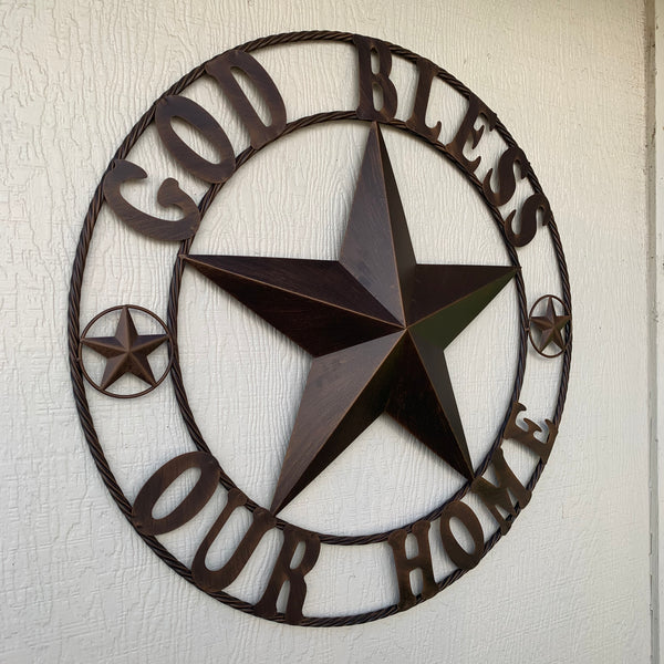 18",24",32",34",36",40",46",50" GOD BLESS OUR HOME BARN METAL STAR ROPE RING WALL ART WESTERN HOME DECOR NEW BRONZE