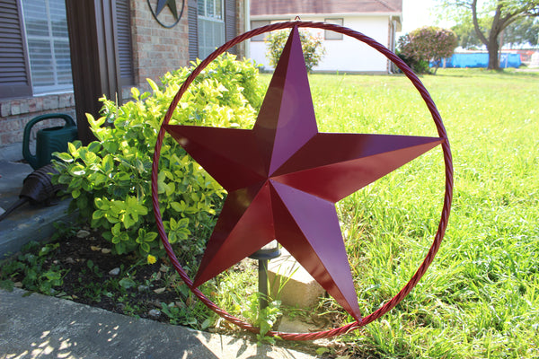 BURGUNDY RED BARN METAL STAR TWISTED ROPE RING WESTERN HOME DECOR HANDMADE NEW 3" TO 72"