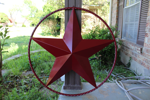 BURGUNDY RED BARN METAL STAR TWISTED ROPE RING WESTERN HOME DECOR HANDMADE NEW 3" TO 72"