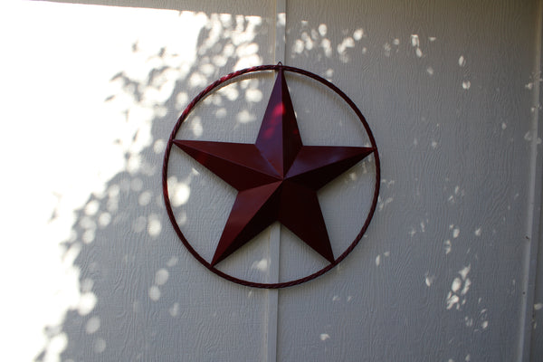 BURGUNDY RED BARN METAL STAR TWISTED ROPE RING WESTERN HOME DECOR HANDMADE NEW 3" TO 72"