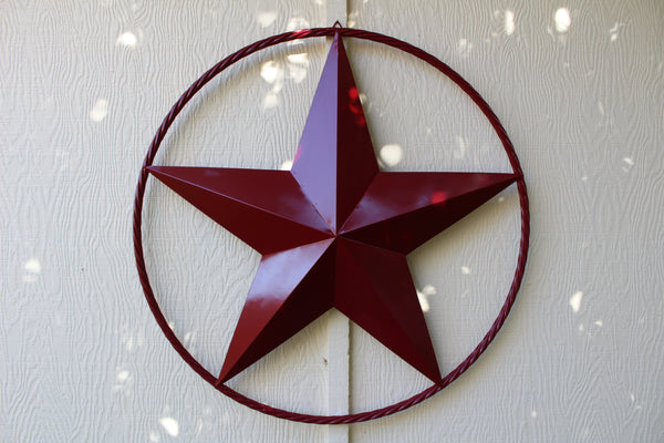 BURGUNDY RED BARN METAL STAR TWISTED ROPE RING WESTERN HOME DECOR HANDMADE NEW 3" TO 72"