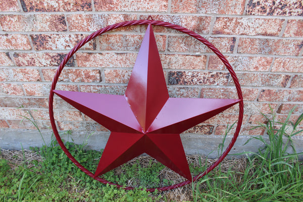 BURGUNDY RED BARN METAL STAR TWISTED ROPE RING WESTERN HOME DECOR HANDMADE NEW 3" TO 72"
