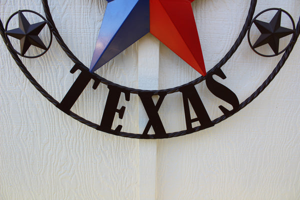 #EH11482 GOD BLESS TEXAS RED WHITE & BLUE TEXAS FLAG STYLE BARN METAL STAR BLACK TWISTED ROPE RING WESTERN HOME DECOR HANDMADE NEW