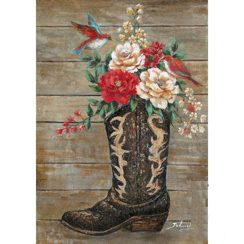 RA0111 28"x40" BLACK BOOT W/ ROSES CANVAS PAINTING PICTURE WESTERN COUNTRY HOME DECOR HANDMADE