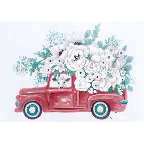 RA0133 28"x40" RED TRUCK WITH FLOWER CANVAS PAINTING PICTURE WESTERN COUNTRY HOME DECOR HANDMADE