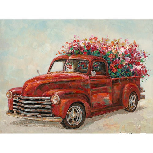 RA0400 36"x48" RED TRUCK W/ FLOWER CANVAS PAINTING PICTURE WESTERN COUNTRY HOME DECOR HANDMADE