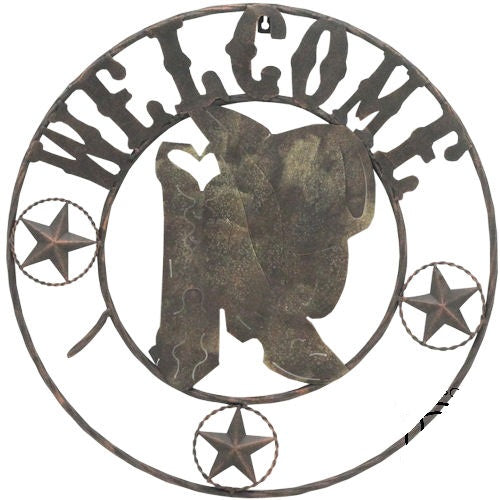 #RT6120 WELCOME HAT & BOOT 22" METAL WLL DECOR WESTERN HOME DECOR BRAND NEW