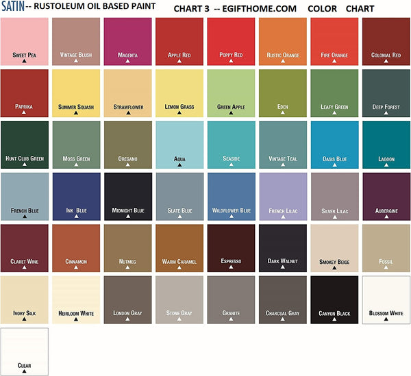 CUSTOM COLOR OPTIONS RUSTOLEUM OIL ENAMEL PAINT CHART RUSTIC FLAT SATIN & MORE