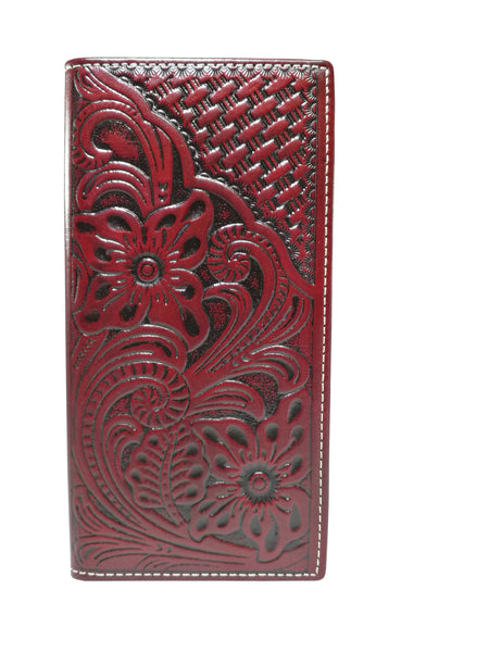 #WS WESTERN CHECKBOOK BI FOLD MENS WALLET GENUINE LEATHER BURGUNDY FRONT FLORAL EMBOSSED