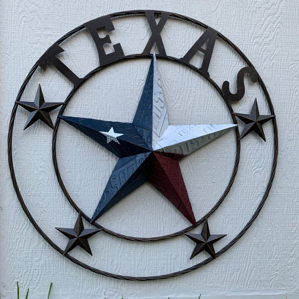 #EH10350 TEXAS LICENSE PLATE BARN STAR METAL LONE STAR TWISTED BROWN RING WESTERN HOME DECOR HANDMADE NEW