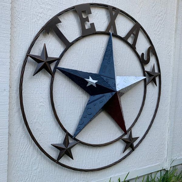 #EH10350 TEXAS LICENSE PLATE BARN STAR METAL LONE STAR TWISTED BROWN RING WESTERN HOME DECOR HANDMADE NEW