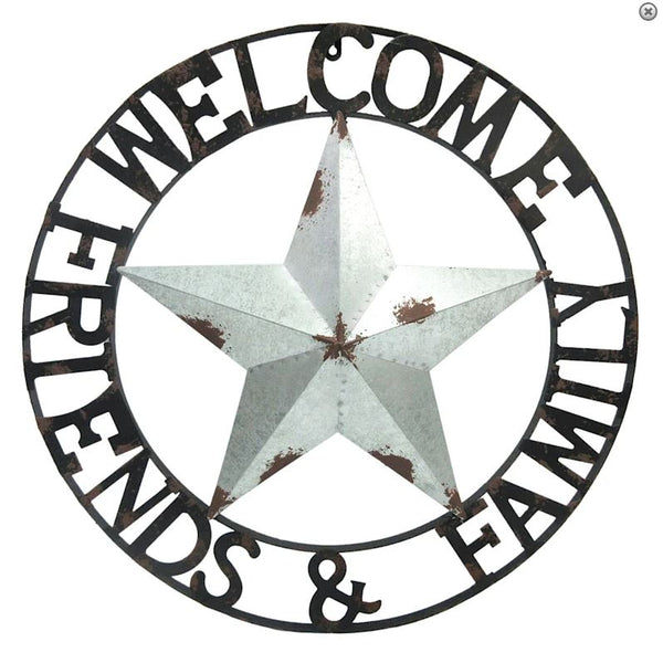 WELCOME FRIENDS FAMILY DISTRESSED WHITE BARN METAL STAR WALL ART WESTERN HOME DECOR