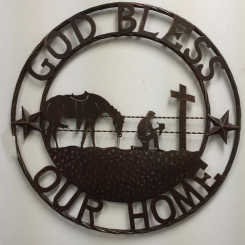#SI_XL2114 GOD BLESS OUR HOME PRAYING CROSS 24",32" METAL SIGN WESTERN HOME DECOR HANDMADE NEW