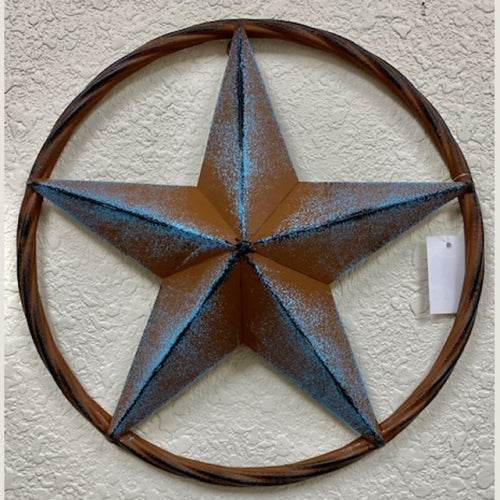 ITEM#SI_XL2122 3" TO 96" TURQUOISE BLUE & BROWN DISTRESSED TWO TONE BARN METAL LONE STAR WITH TWISTED ROPE RING WESTERN HOME DECOR BRAND NEW HANDMADE