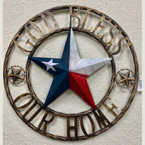 GOD BLESS OUR HOME TX LICENSE PLATE BARN STAR METAL FLAG LONE STAR RED WHITE & BLUE WESTERN HOME DECOR NEW HANDMADE #XL2126