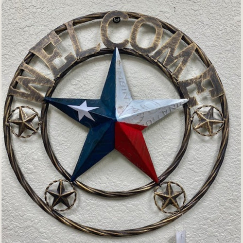 ITEM#SI_XL2127 WELCOME LICENSE PLATE RED WHITE BLUE BARN METAL LONE STAR TWISTED ROPE RING WESTERN HOME DECOR HANDMADE NEW 18",24",36",40"
