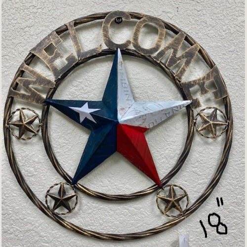 ITEM#SI_XL2127 WELCOME LICENSE PLATE RED WHITE BLUE BARN METAL LONE STAR TWISTED ROPE RING WESTERN HOME DECOR HANDMADE NEW 18",24",36",40"