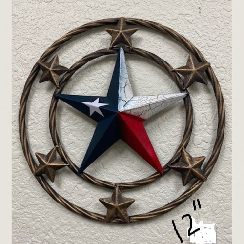 #XL2138 MULTI STAR CRACKLE STAR TWISTED ROPE RING RED WHITE BLUE METAL STAR WESTERN HOME DECOR HANDMADE NEW