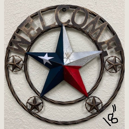 #XL2140 WELCOME STAR TWISTED ROPE RING RED WHITE BLUE METAL STAR WESTERN HOME DECOR HANDMADE NEW