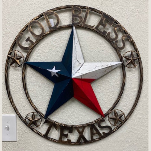 #EH11067 GOD BLESS TEXAS BARN STAR METAL LONE STAR CRACKLE RED WHITE & BLUE WESTERN HOME DECOR HANDMADE NEW
