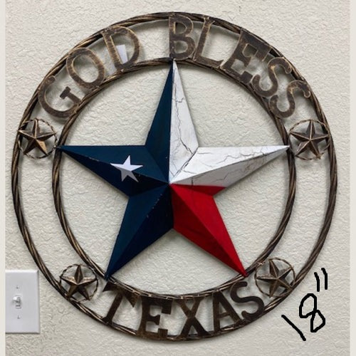 #EH11067 GOD BLESS TEXAS BARN STAR METAL LONE STAR CRACKLE RED WHITE & BLUE WESTERN HOME DECOR HANDMADE NEW