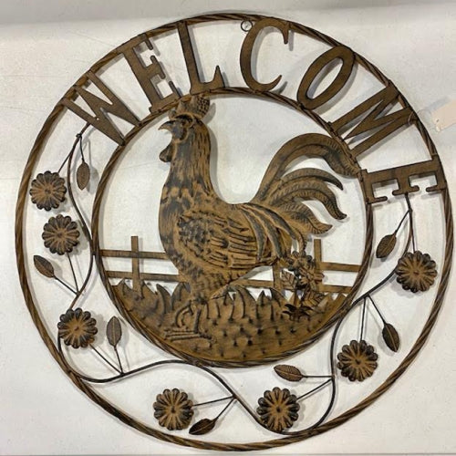 #EH11437 ROOSTER WELCOME 24" SCROLL ART METAL SIGN WESTERN HOME DECOR NEW