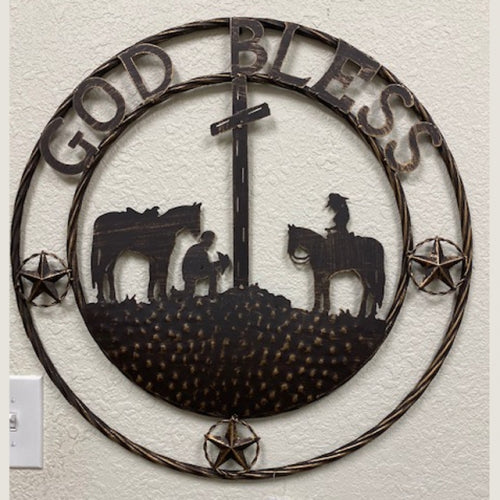 #SI_XL2135 GOD BLESS COWBOYS CHURCH 24",32" PRAYER CROSS METAL WALL SIGN WESTERN HOME DECOR HANDMADE NEW