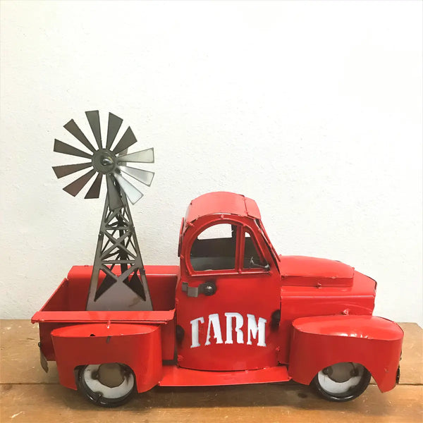 24" FARM RED PICKUP TRUCK METAL ART FIGURINE OUTDOOR & INDOOR GARDEN WESTERN HOME DECOR HANDMADE NEW: 24"L x 12"W x 12" H