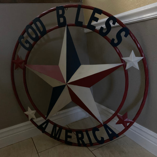 #EH10489 GOD BLESS AMERICA USA FLAG BARN STAR METAL RED WHITE BLUE WESTER HOME DECOR HANDMADE NEW