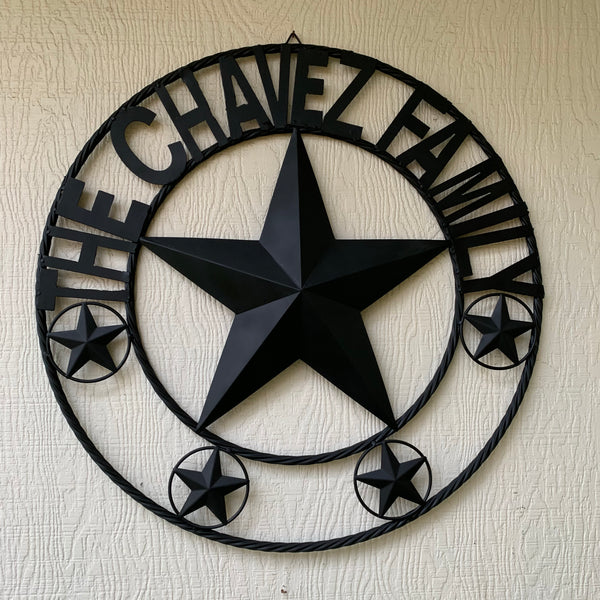 CHAVEZ STYLE CUSTOM FAMILY NAME STAR BLACK STEEL METAL BARN STAR ROPE RING WESTERN HOME DECOR VINTAGE NEW HANDMADE 24",32",34",36",40",42",44",46",50"