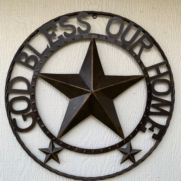 24" GOD BLESS OUR HOME BEADED BARN STAR WITH TWISTED ROPE RING DESIGN METAL WALL ART WESTERN HOME DECOR VINTAGE RUSTIC DARK BRONZE COPPER NEW