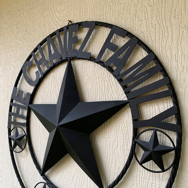 CHAVEZ STYLE CUSTOM FAMILY NAME STAR BLACK STEEL METAL BARN STAR ROPE RING WESTERN HOME DECOR VINTAGE NEW HANDMADE 24",32",34",36",40",42",44",46",50"