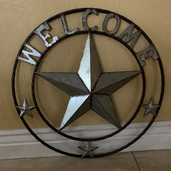 #RT6160 WELCOME GALV 24" METAL BARN STAR TWISTED RING WESTERN HOME DECOR HANDMADE NEW