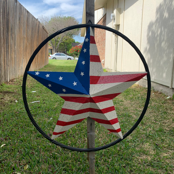 24" AMERICAN USA FLAG CRACKLE STAR METAL WALL ART WESTERN HOME DECOR HANDMADE NEW