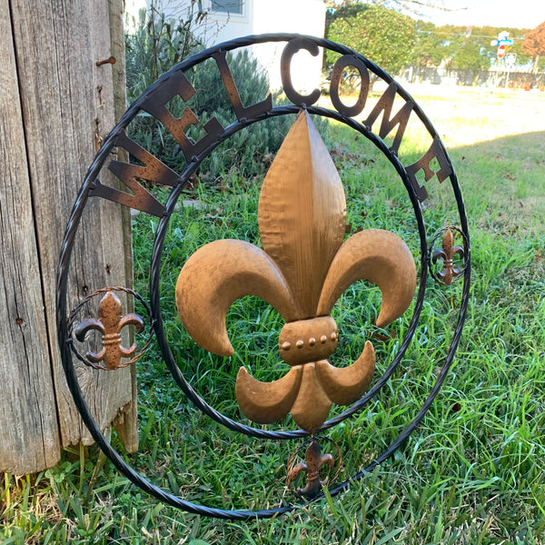 24", 32" WELCOME FLEUR DE LIS METAL WALL ART WESTERN HOME DECOR GOLD & BLACK