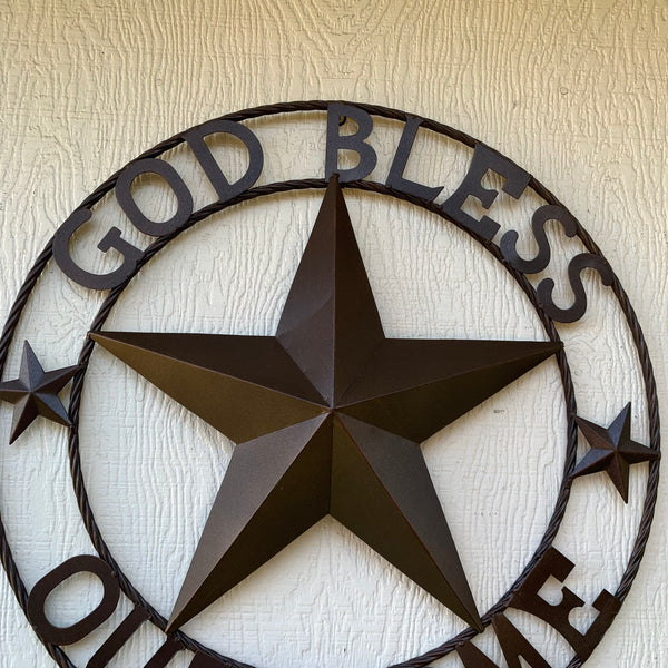 #EH11021 GOD BLESS OUR HOME BARN METAL STAR TWISTED ROPE RING WESTERN HOME DECOR HANDMADE NEW