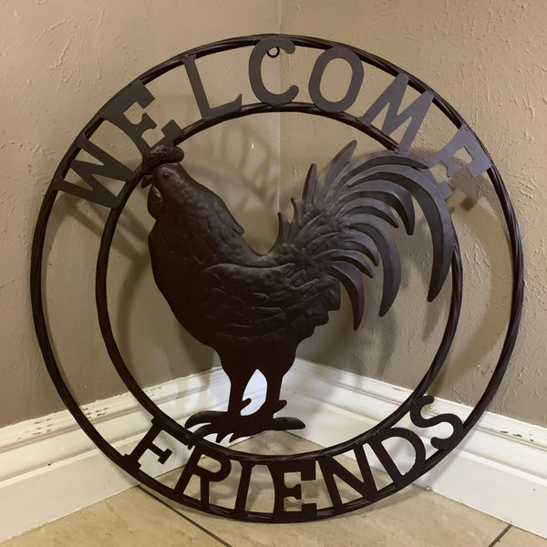 24" WELCOME FRIENDS ROOSTER WESTERN METAL ANIMAL ART HOME WALL ART RUSTIC BROWN COLOR