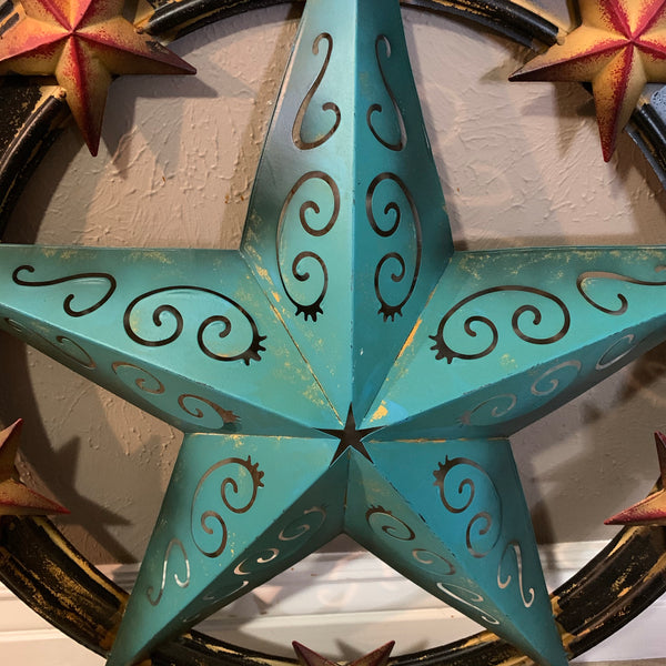 #RT5045 TURQUOISE CARVED CUT STAR 26",36", BARN METAL WESTERN HOME DECOR HANDMADE NEW