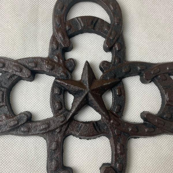 Si56369 HORSESHOES Western Cross Cast Iron Texas Star Rustic Dark Brown Wall Home Decor 10 ½ x 8 ½ inches #56369