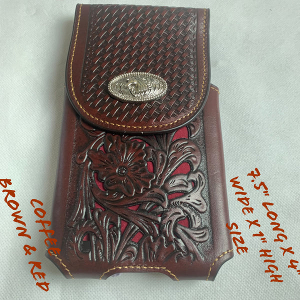 #LG2004  7.5" HORSE COFFEE BROWN & RED LEATHER POUCH EXTRA LARGE  BELT LOOP HOLSTER CELL PHONE CASE UNIVERSAL OVERSIZE