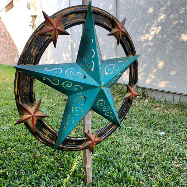 #RT5045 TURQUOISE CARVED CUT STAR 26",36", BARN METAL WESTERN HOME DECOR HANDMADE NEW