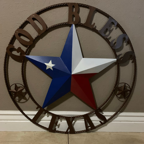 GOD BLESS TEXAS RED WHITE BLUE BARN METAL STAR BRONZE TWISTED ROPE RING WALL ART WESTERN HOME DECOR HANDMADE