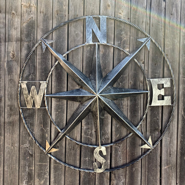 36" COMPASS GREY METAL ART WESTERN METAL ART HOME WALL DECOR RUSTIC GREY #EH10383