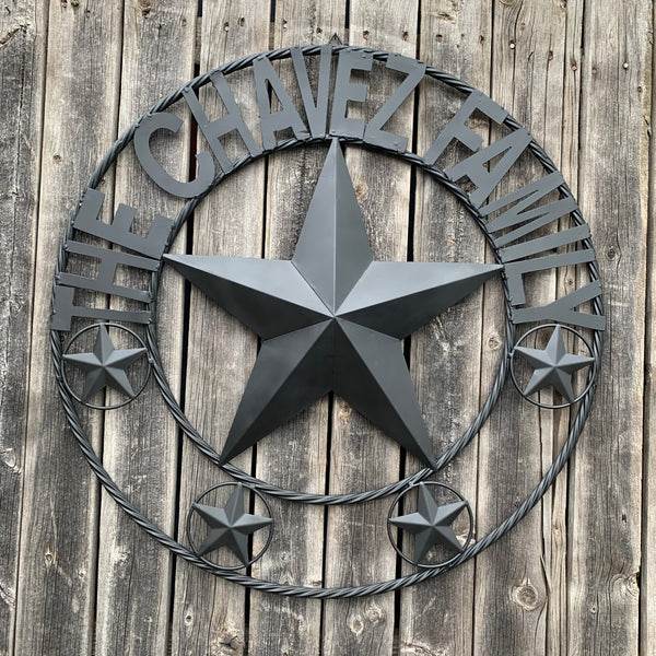 CHAVEZ STYLE CUSTOM FAMILY NAME STAR BLACK STEEL METAL BARN STAR ROPE RING WESTERN HOME DECOR VINTAGE NEW HANDMADE 24",32",34",36",40",42",44",46",50"